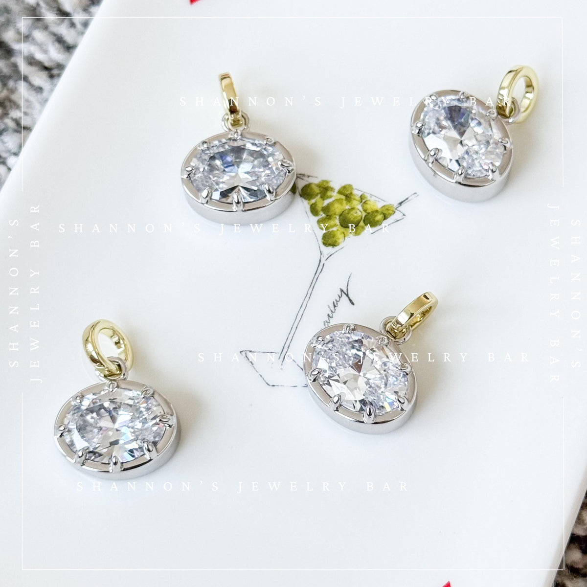 East West Brilliant Oval Pendant Charm, Mixed Metal Necklace Charm, Georgian Style Pendant, Bezel Set 8 Prong Solitaire