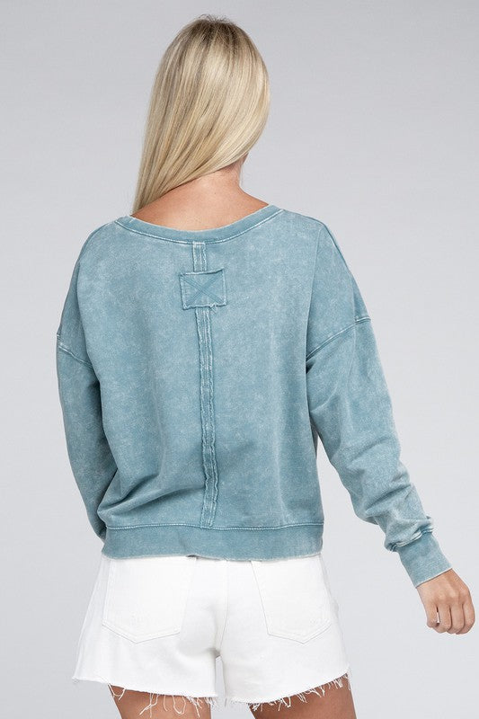 French Terry Acid Wash Boat Neck Pullover - Shannon’s Jewelry Bar