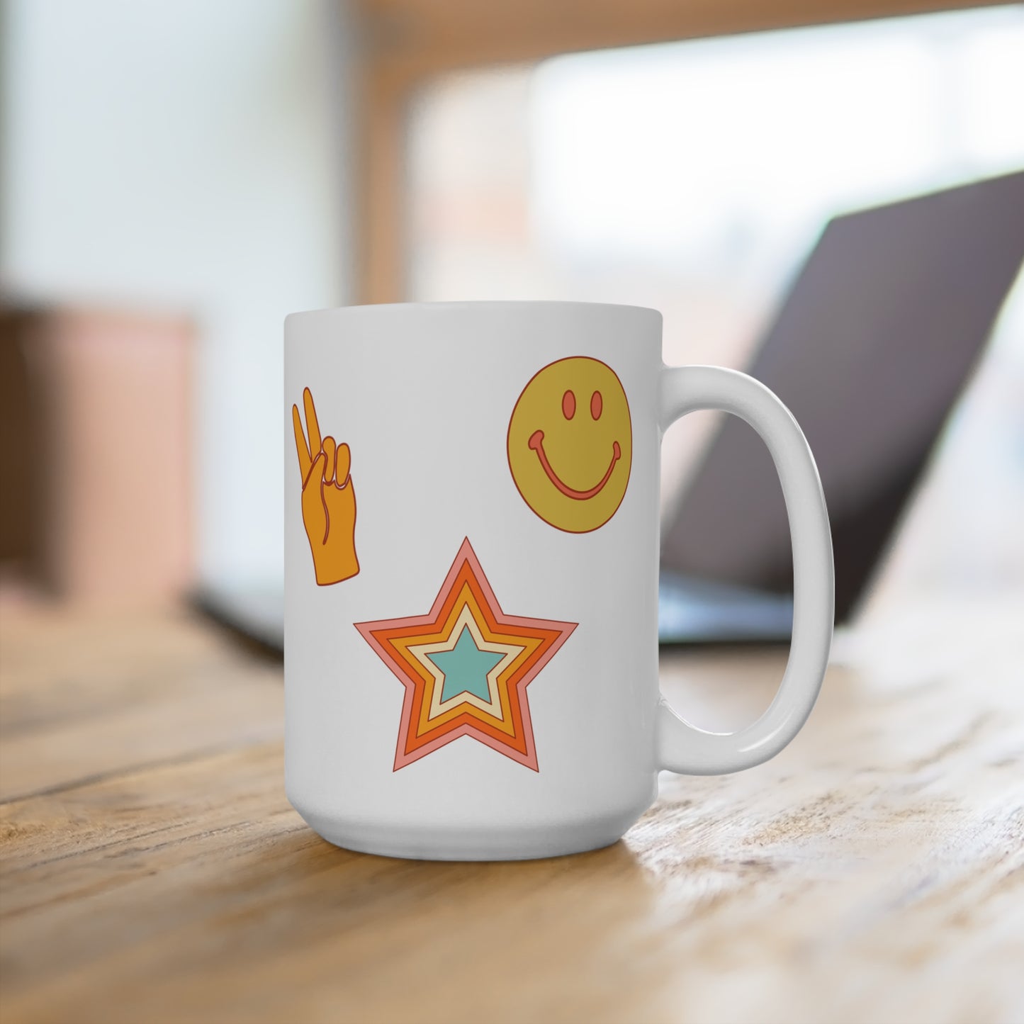 Take Care Retro Mug 15oz - Smiley Face, Peace, Star, Rainbow Graphic Mug