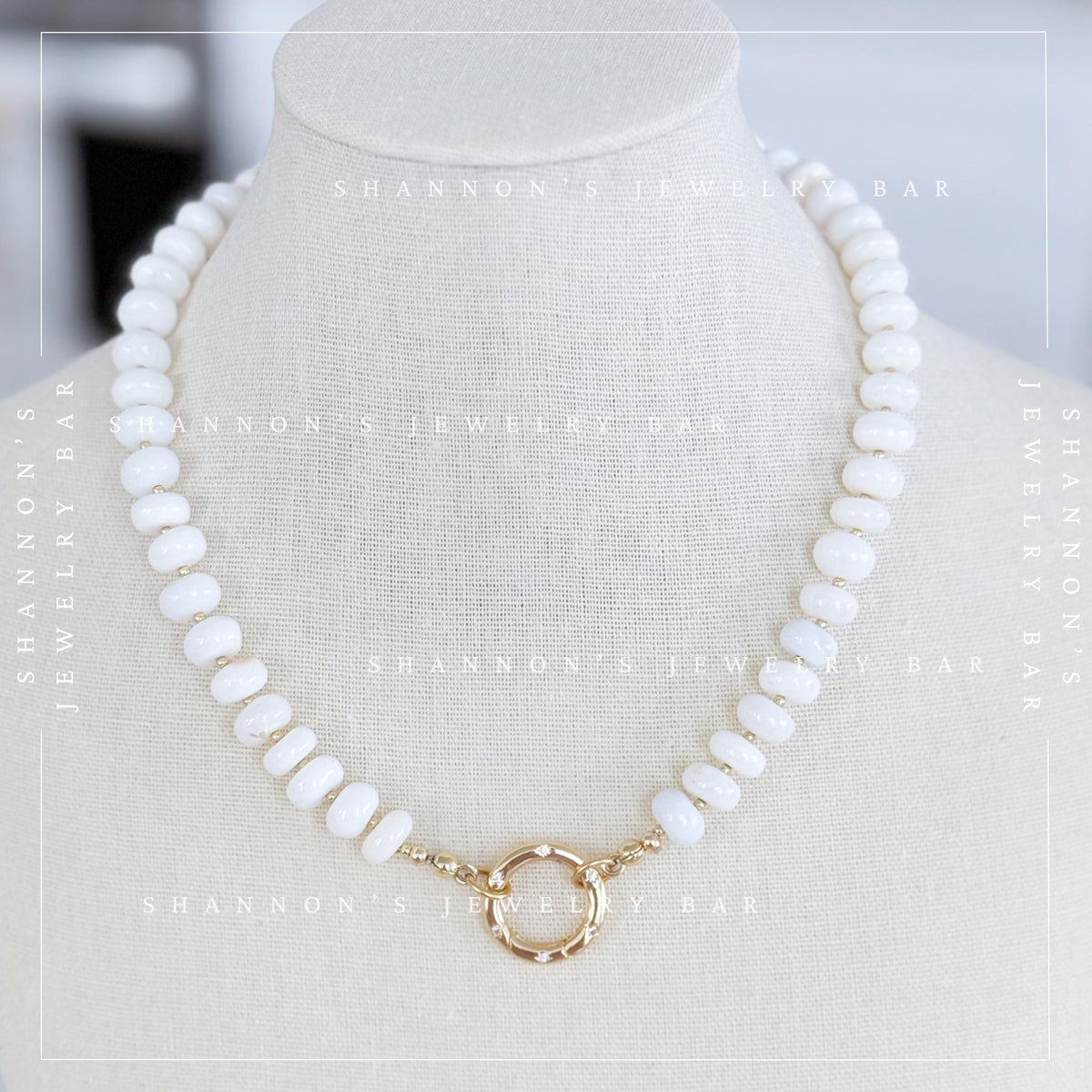 White Opal Beaded Necklace, Genuine Opal Gemstone Necklace, Gold Carabiner Charm Holder Necklace, Fish Pendant Necklace