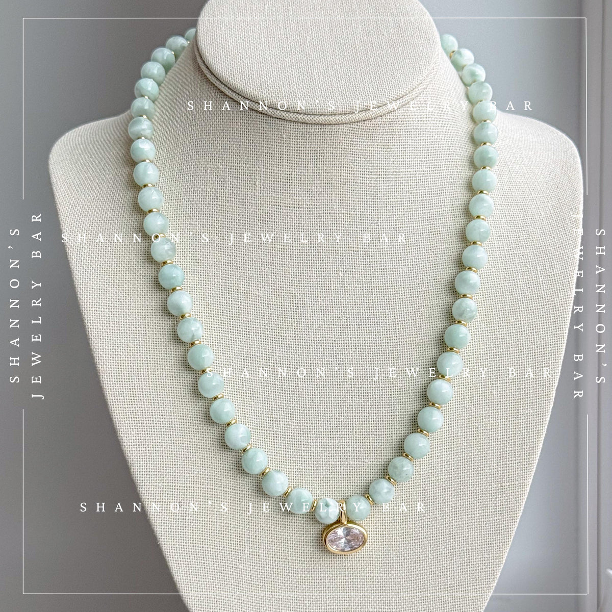 Green Moonstone Beaded Necklace, Genuine Green Moonstone Necklace, Oval CZ Pendant Necklace, Handmade Gemstone Necklace, Gold Beaded Jewelry