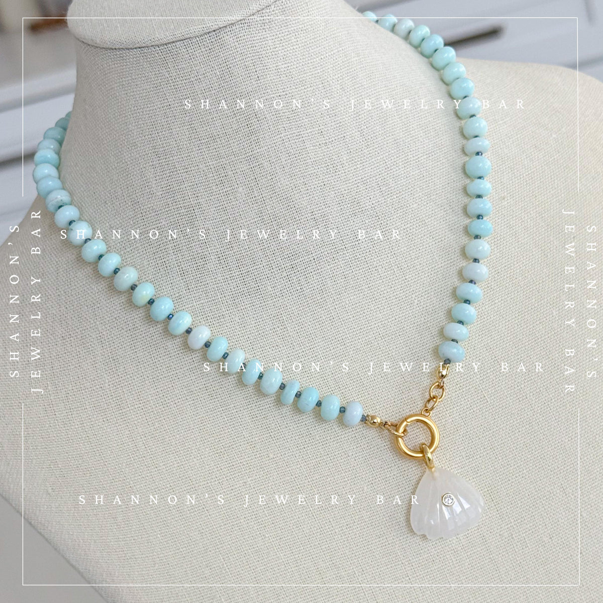 Peruvian Opal Necklace, Blue Opal Beaded Necklace, Gemstone Carabiner Charm Necklace, White Quartz Shell Pendant, Handmade Jewelry