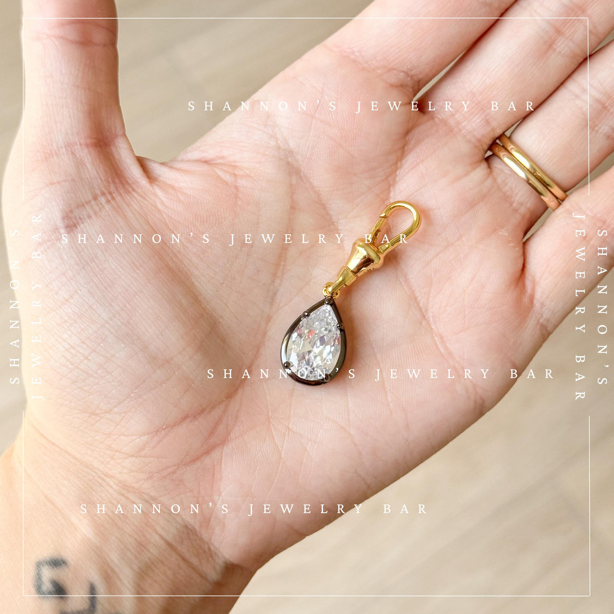 Two Tone Pear CZ Pendant Charm with Gold Clasp, Black Rhodium Silver Crystal Drop, Detachable Necklace Charm, Georgian Style Jewelry