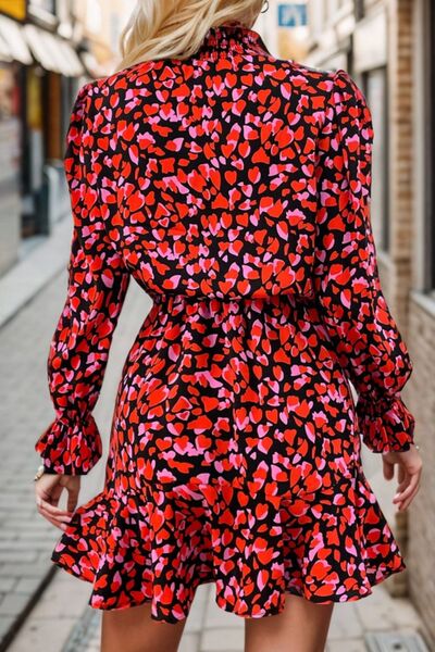 Heart Printed Mock Neck Flounce Sleeve Dress - Shannon’s Jewelry Bar