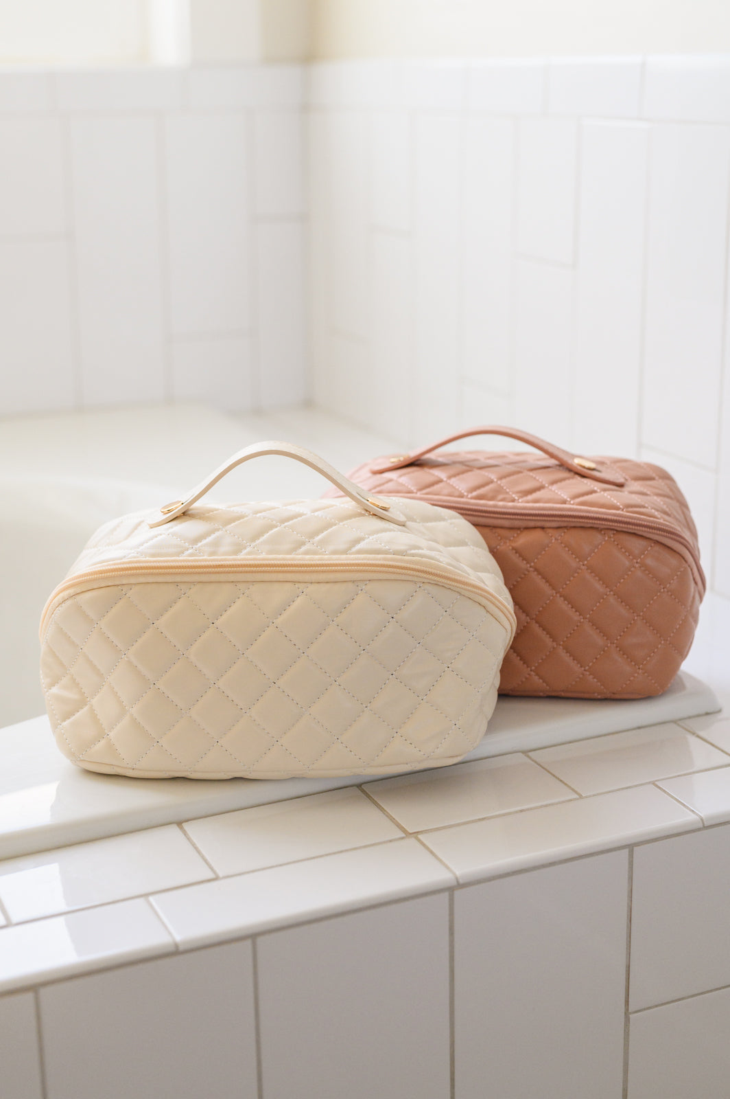 Large Capacity Quilted Makeup Bag in Cream - Shannon’s Jewelry Bar