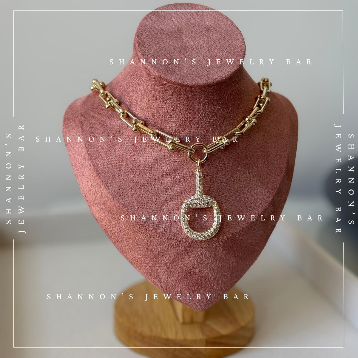 14k Gold Plated Industrial Chain Horsebit Necklace, CZ Pave Pendant Necklace, Chunky Gold Hardware Link Chain Necklace, Equestrian Jewelry,