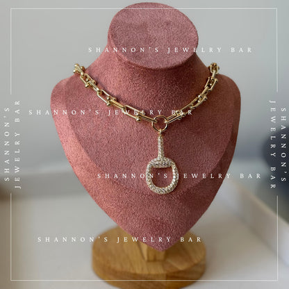 14k Gold Plated Industrial Chain Horsebit Necklace, CZ Pave Pendant Necklace, Chunky Gold Hardware Link Chain Necklace, Equestrian Jewelry,