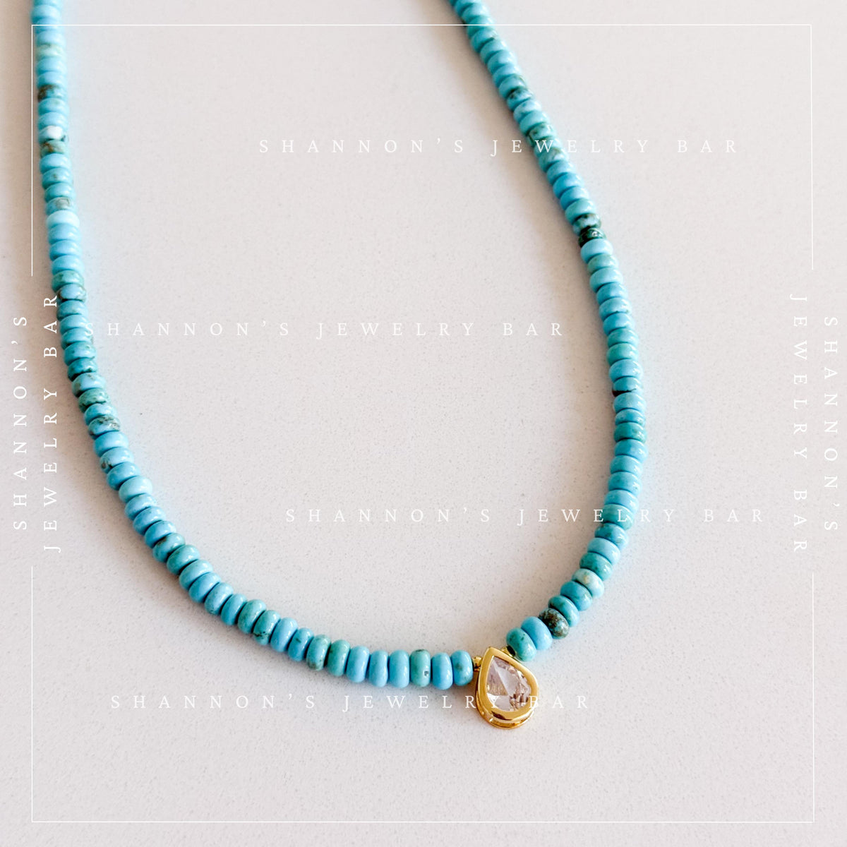 Turquoise Heishi Bead Necklace with CZ Pear Charm, Blue Stone Necklace, Gold Pendant Jewelry, 18 Inch Handmade