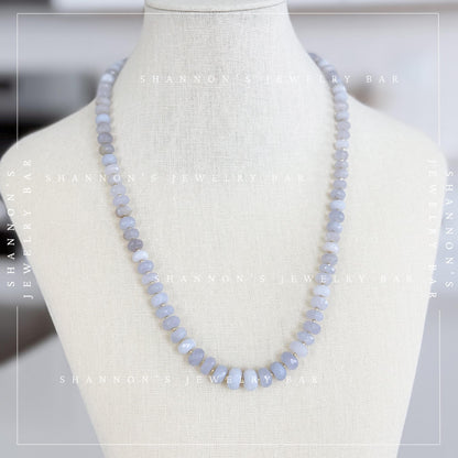 Turkish Chalcedony Necklace, Blue Gemstone Beaded Necklace, Genuine Chalcedony Jewelry, Faceted Stone Necklace, Gold Accent Necklace