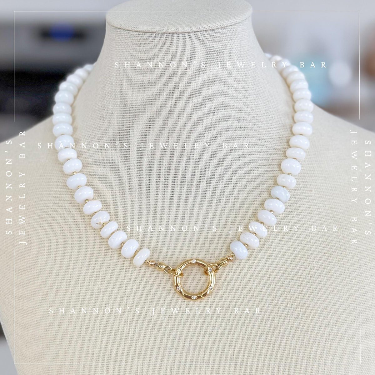 White Opal Beaded Necklace, Genuine Opal Gemstone Necklace, Gold Carabiner Charm Holder Necklace, Fish Pendant Necklace