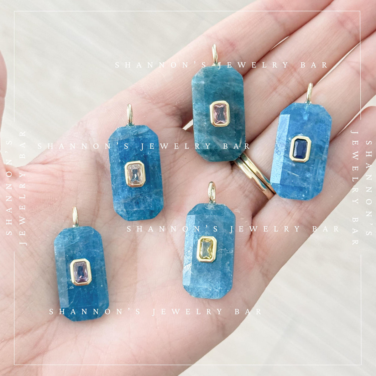 Natural Apatite Pendant, Blue Faceted Gemstone Charm with Gold CZ Detail, Rectangle Necklace Focal, Jewelry Making Supply