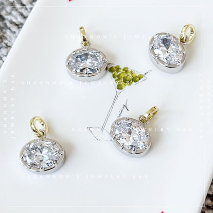 East West Brilliant Oval Pendant Charm, Mixed Metal Necklace Charm, Georgian Style Pendant, Bezel Set 8 Prong Solitaire