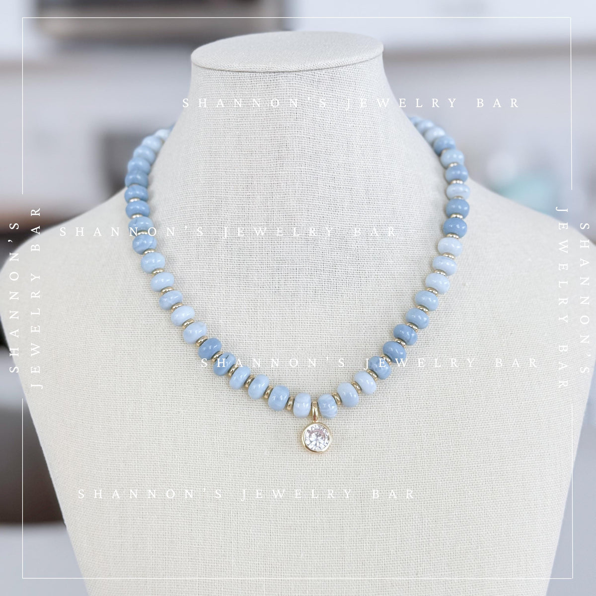 Blue Opal Necklace, Genuine Opal Beaded Necklace, Blue Gemstone Necklace, Gold CZ Pendant Necklace, Handmade Beaded Jewelry