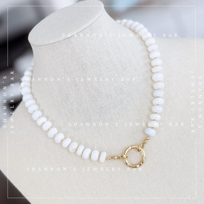White Opal Beaded Necklace, Genuine Opal Gemstone Necklace, Gold Carabiner Charm Holder Necklace, Fish Pendant Necklace