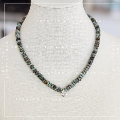 African Turquoise Jasper Necklace, Green Heishi Beads, CZ Teardrop Pendant, 18 Inch Handmade Gemstone Jewelry
