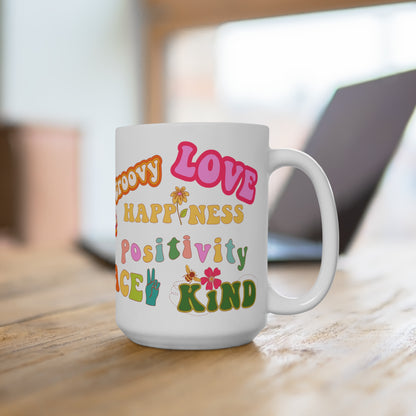 Positive Vibes Mash-Up Mug 15oz - Retro Graphics, Peace & Love, Hippy Vibes, Dreamer, Lover, Mug.