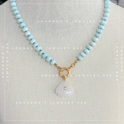 Peruvian Opal Necklace, Blue Opal Beaded Necklace, Gemstone Carabiner Charm Necklace, White Quartz Shell Pendant, Handmade Jewelry