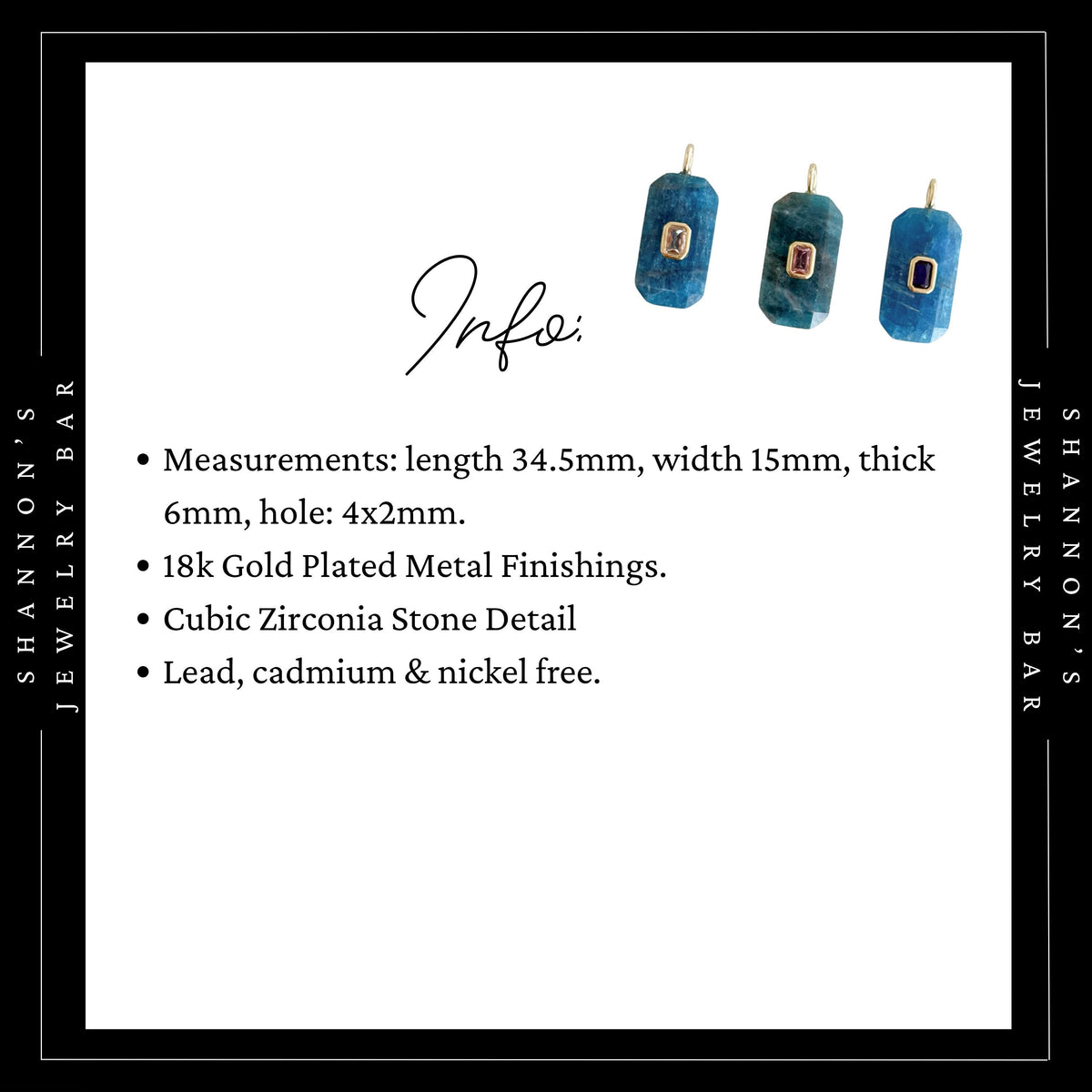 Natural Apatite Pendant, Blue Faceted Gemstone Charm with Gold CZ Detail, Rectangle Necklace Focal, Jewelry Making Supply