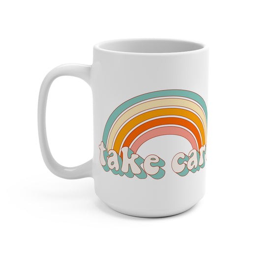 Take Care Retro Mug 15oz - Smiley Face, Peace, Star, Rainbow Graphic Mug