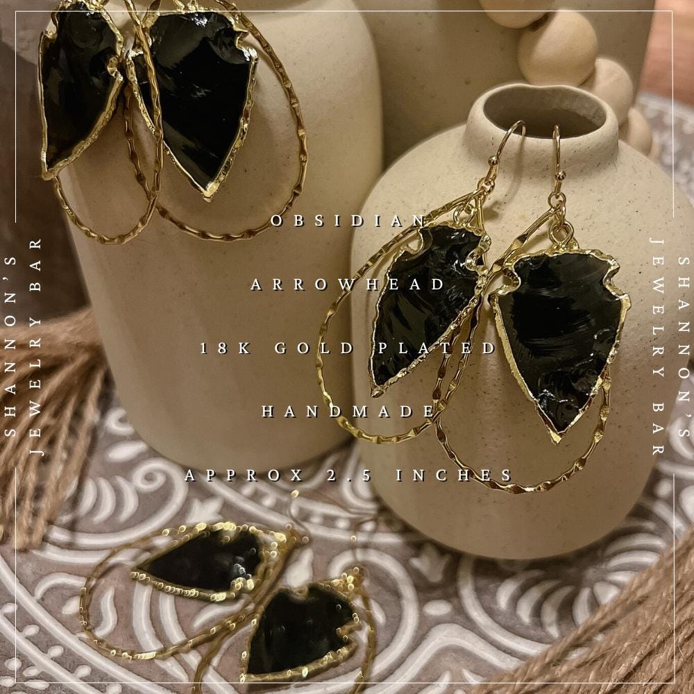 Handmade 18K Gold Plated Black Obsidian Arrowhead Hoop Earrings