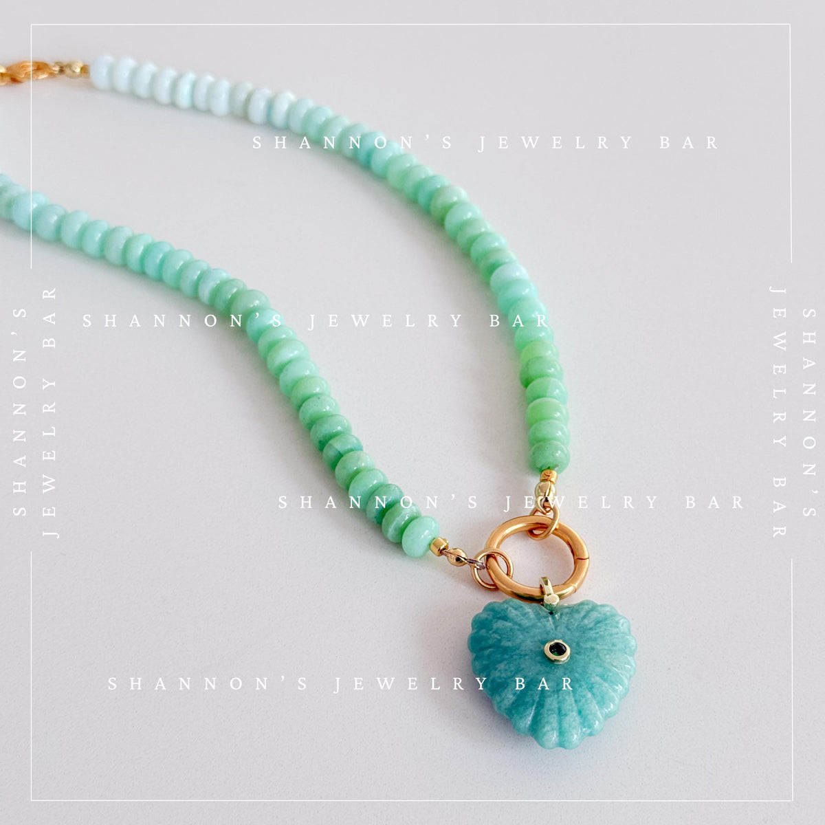Peruvian Opal Necklace, Blue Opal Gemstone Necklace, Amazonite Heart Pendant, Gold Carabiner Necklace, Handmade Gemstone Jewelry
