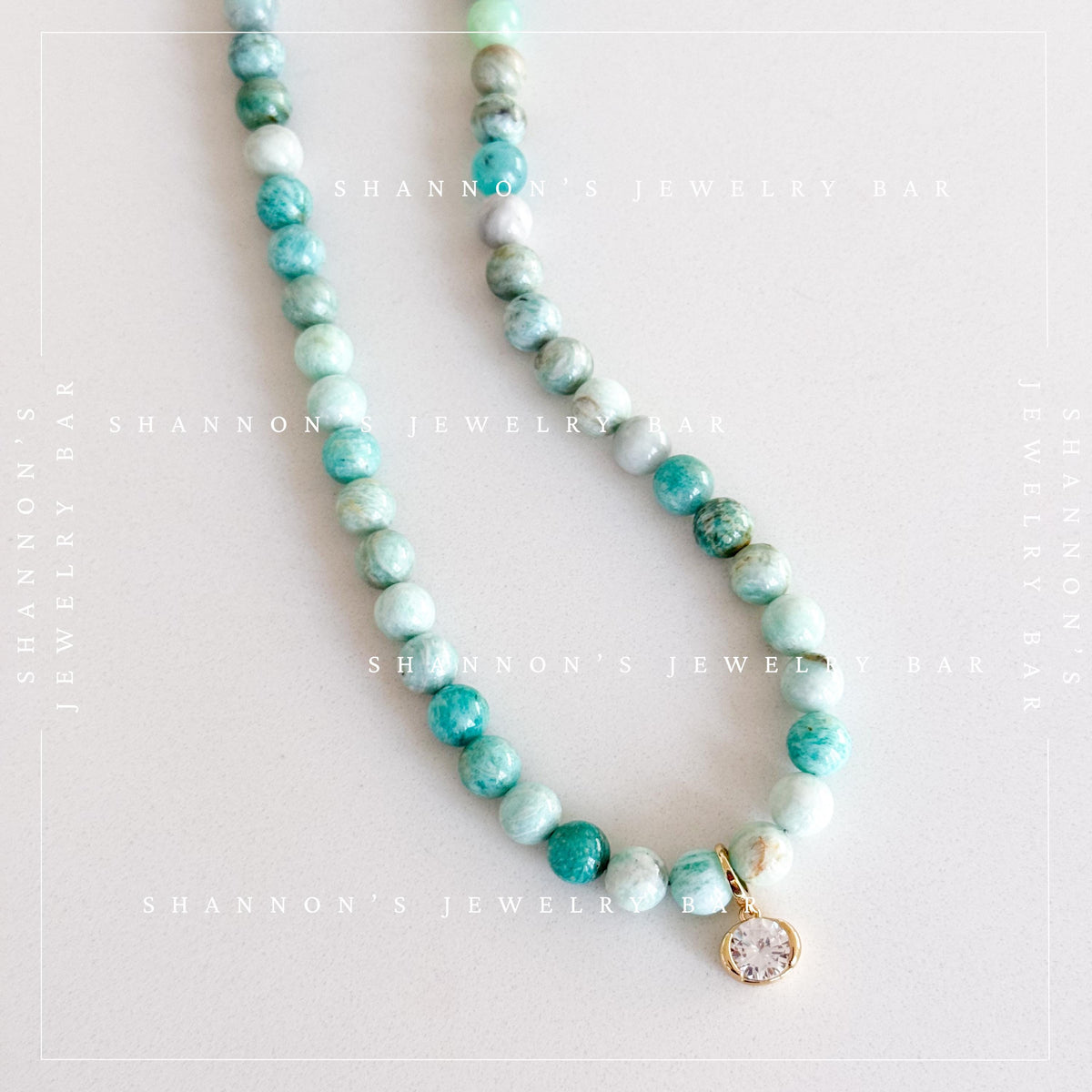 Handmade Amazonite Beaded Necklace, Blue Green Gemstone Necklace with Oval CZ Pendant, Gold Statement Jewelry, Gift for Her