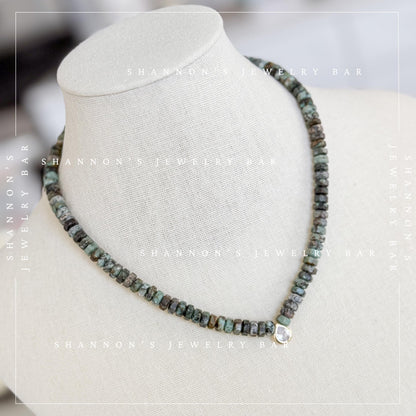 African Turquoise Jasper Necklace, Green Heishi Beads, CZ Teardrop Pendant, 18 Inch Handmade Gemstone Jewelry