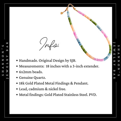 Colorful Quartz Gemstone Necklace, Multicolor Heishi Beaded Necklace, Pastel Rainbow Necklace, Handmade Gemstone Jewelry, Gift for Her
