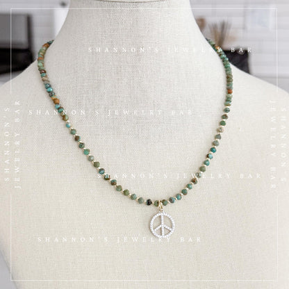 African Turquoise Necklace with CZ Peace Sign Pendant, Green Gemstone Beaded Necklace, Boho Hippie Jewelry, 18 Inch