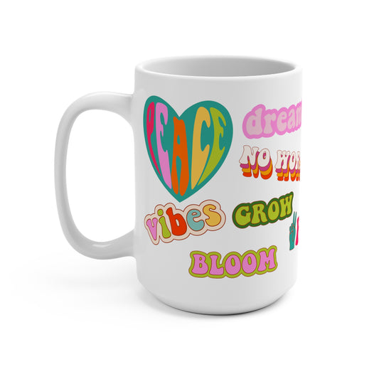 Positive Vibes Mash-Up Mug 15oz - Retro Graphics, Peace & Love, Hippy Vibes, Dreamer, Lover, Mug.