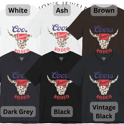 Rodeo Coors Cow Skull with Cow Print- Unisex Jersey Short Sleeve Tee