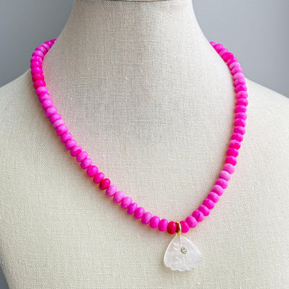 Pink Peruvian Opal Necklace, Quartz Shell Pendant Necklace, Handmade Gemstone Beaded Necklace, Coastal Jewelry, Pink Statement Necklace