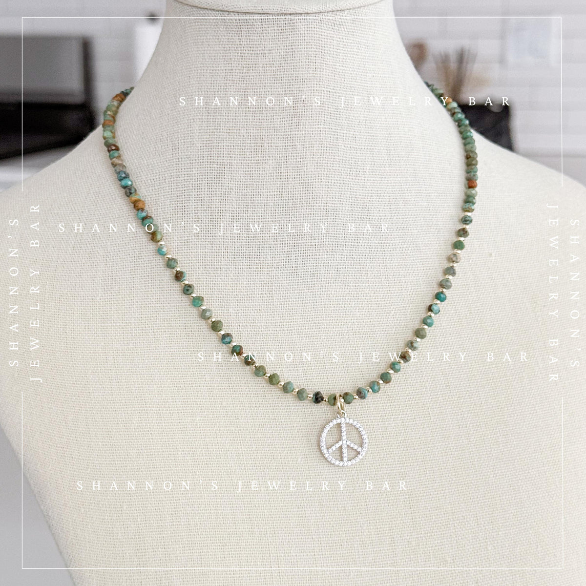 African Turquoise Necklace with CZ Peace Sign Pendant, Green Gemstone Beaded Necklace, Boho Hippie Jewelry, 18 Inch