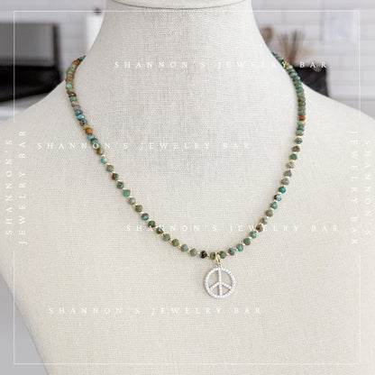 African Turquoise Necklace with CZ Peace Sign Pendant, Green Gemstone Beaded Necklace, Boho Hippie Jewelry, 18 Inch