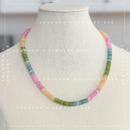 Colorful Quartz Gemstone Necklace, Multicolor Heishi Beaded Necklace, Pastel Rainbow Necklace, Handmade Gemstone Jewelry, Gift for Her