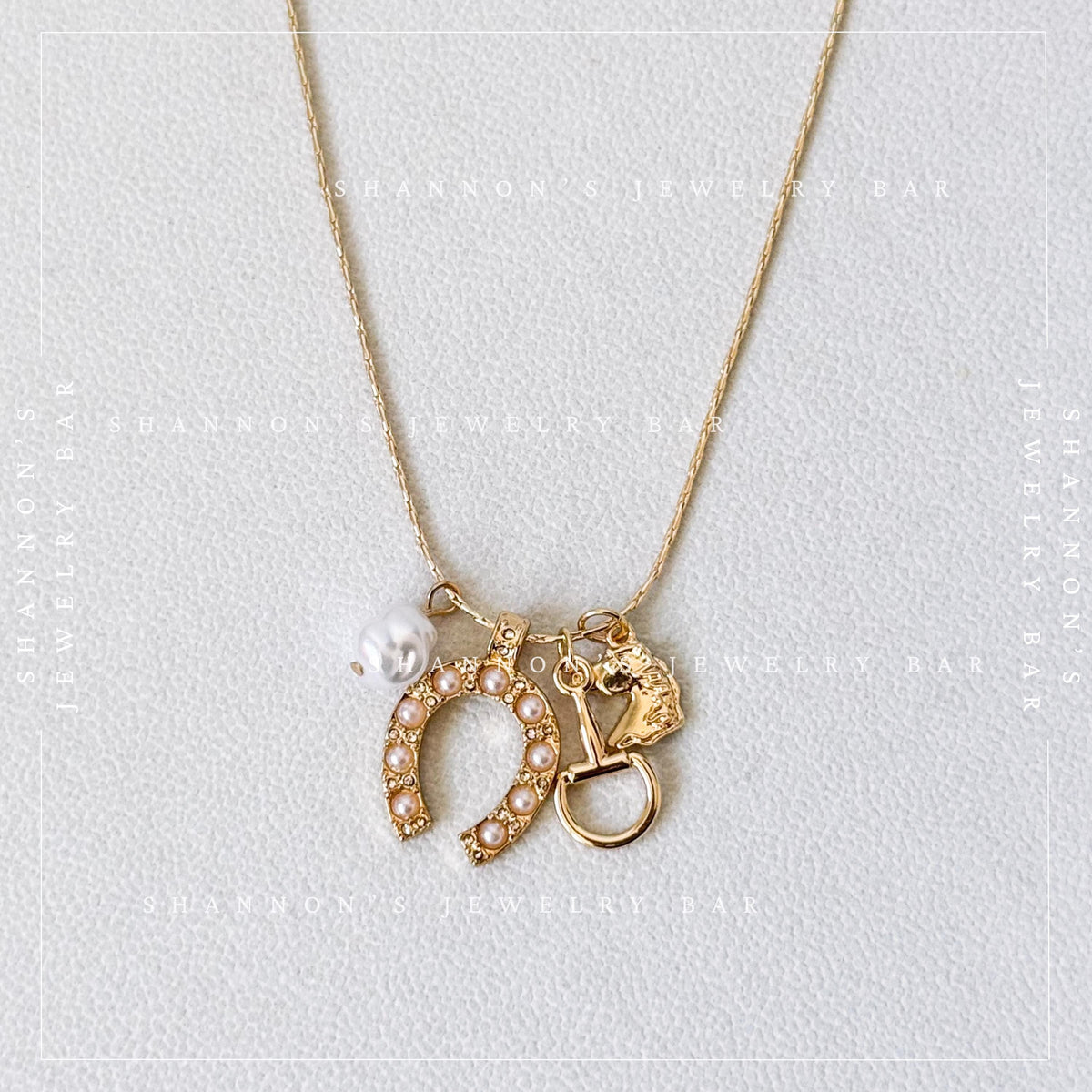 Western Charm Necklace, Gold Horseshoe Necklace, Horse Charm Necklace, Coastal Cowgirl Jewelry Equestrian Necklace, Pearl Charm Necklace