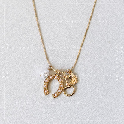 Western Charm Necklace, Gold Horseshoe Necklace, Horse Charm Necklace, Coastal Cowgirl Jewelry Equestrian Necklace, Pearl Charm Necklace