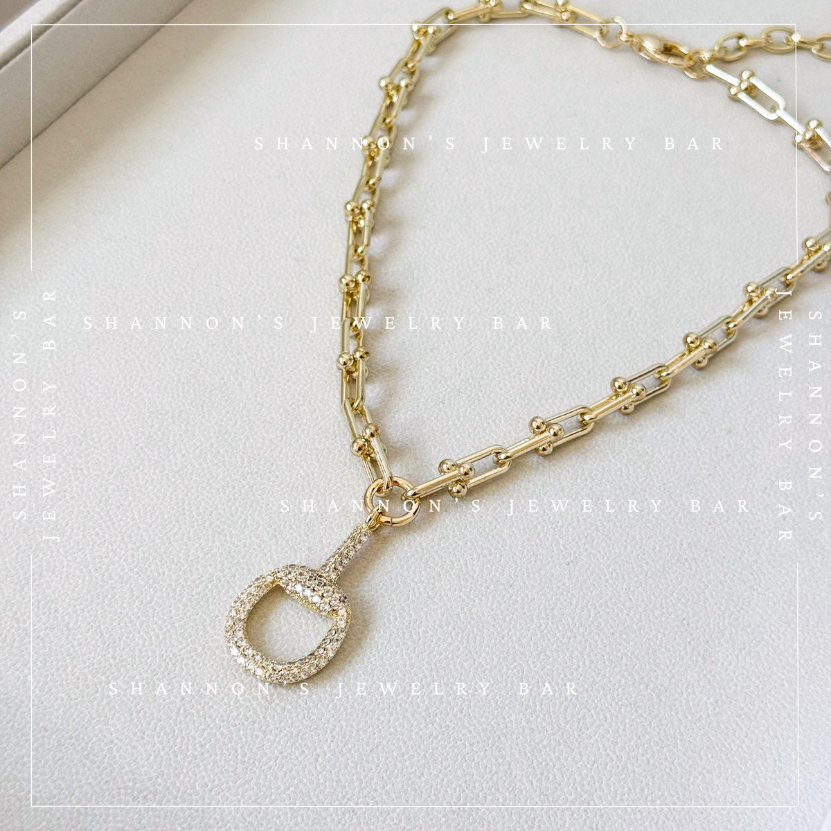 14k Gold Plated Industrial Chain Horsebit Necklace, CZ Pave Pendant Necklace, Chunky Gold Hardware Link Chain Necklace, Equestrian Jewelry,