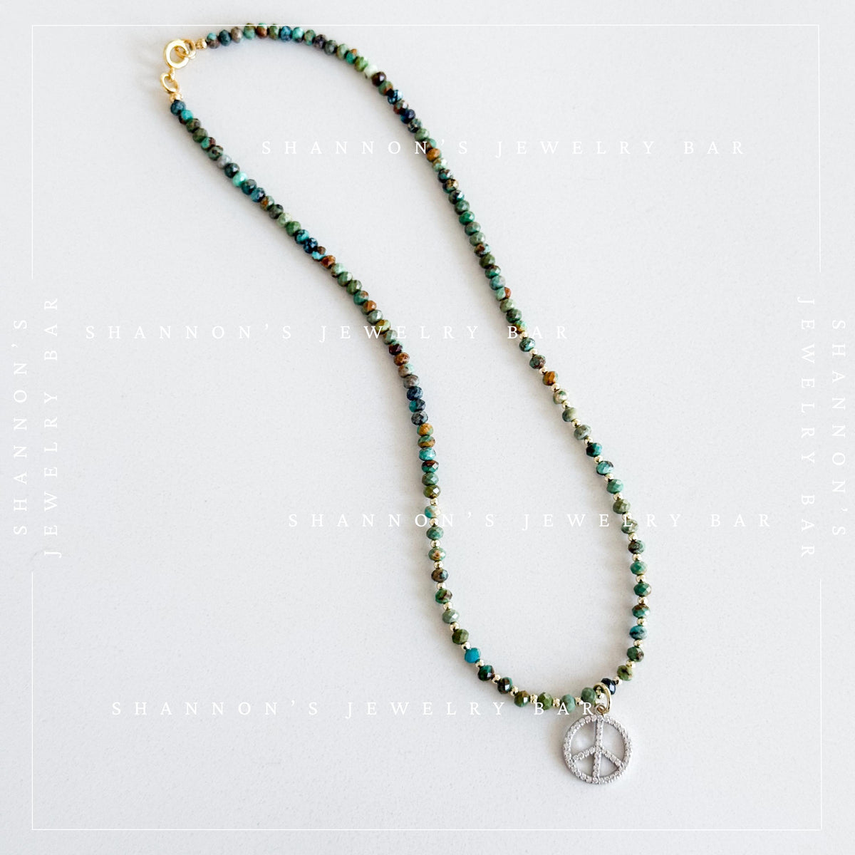 African Turquoise Necklace with CZ Peace Sign Pendant, Green Gemstone Beaded Necklace, Boho Hippie Jewelry, 18 Inch