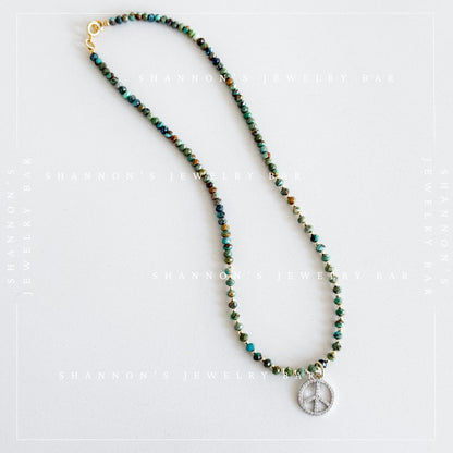 African Turquoise Necklace with CZ Peace Sign Pendant, Green Gemstone Beaded Necklace, Boho Hippie Jewelry, 18 Inch