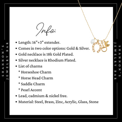 Western Charm Necklace, Gold Horseshoe Necklace, Horse Charm Necklace, Coastal Cowgirl Jewelry Equestrian Necklace, Pearl Charm Necklace
