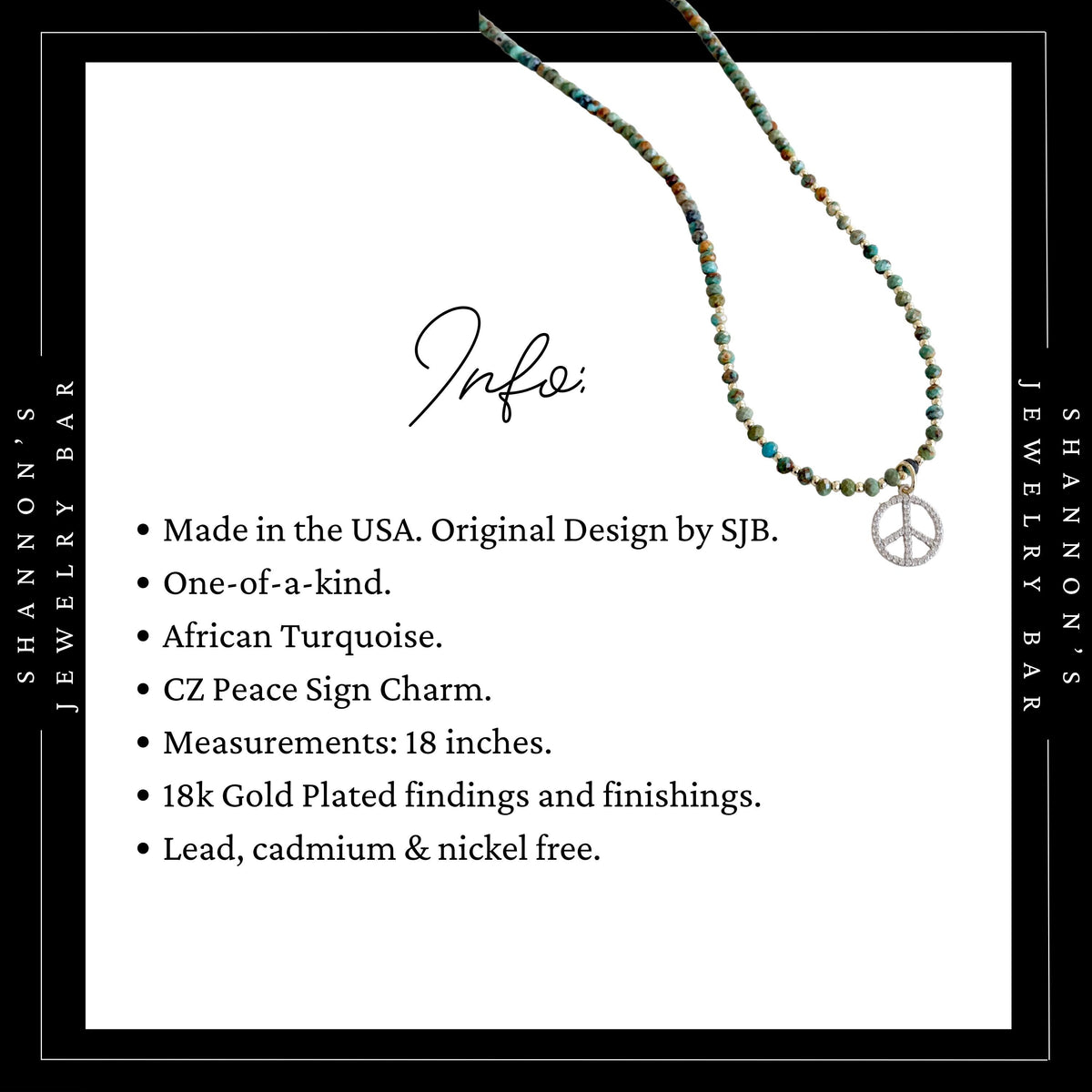 African Turquoise Necklace with CZ Peace Sign Pendant, Green Gemstone Beaded Necklace, Boho Hippie Jewelry, 18 Inch