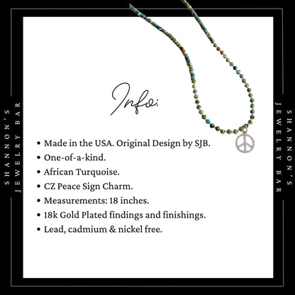 African Turquoise Necklace with CZ Peace Sign Pendant, Green Gemstone Beaded Necklace, Boho Hippie Jewelry, 18 Inch