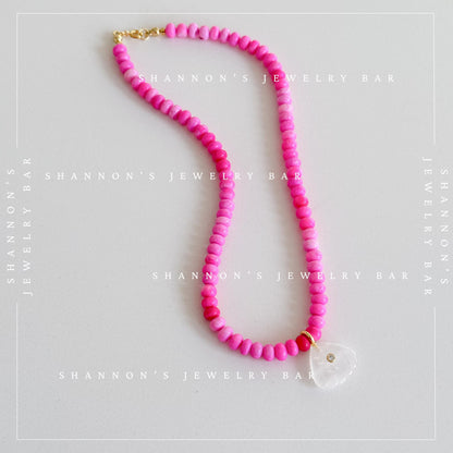 Pink Peruvian Opal Necklace, Quartz Shell Pendant Necklace, Handmade Gemstone Beaded Necklace, Coastal Jewelry, Pink Statement Necklace