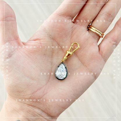 Two Tone Pear CZ Pendant Charm with Gold Clasp, Black Rhodium Silver Crystal Drop, Detachable Necklace Charm, Georgian Style Jewelry
