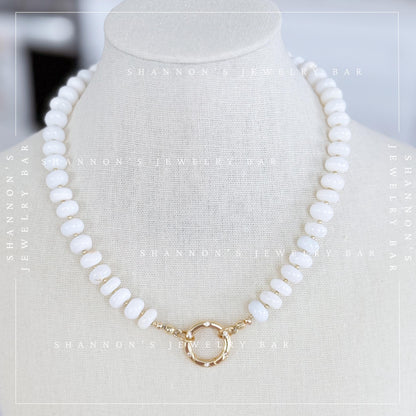 White Opal Beaded Necklace, Genuine Opal Gemstone Necklace, Gold Carabiner Charm Holder Necklace, Fish Pendant Necklace