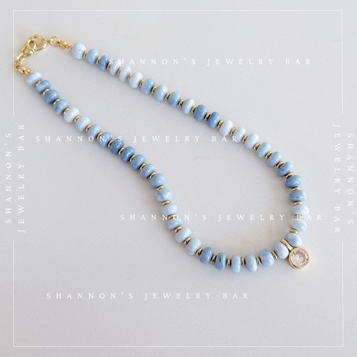 Blue Opal Necklace, Genuine Opal Beaded Necklace, Blue Gemstone Necklace, Gold CZ Pendant Necklace, Handmade Beaded Jewelry