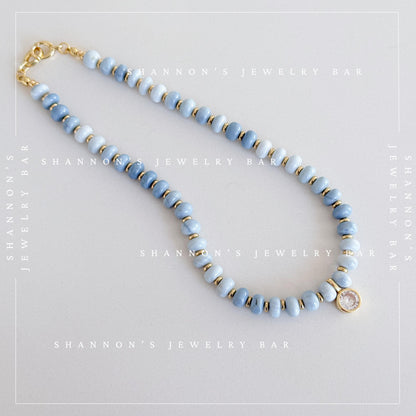 Blue Opal Necklace, Genuine Opal Beaded Necklace, Blue Gemstone Necklace, Gold CZ Pendant Necklace, Handmade Beaded Jewelry