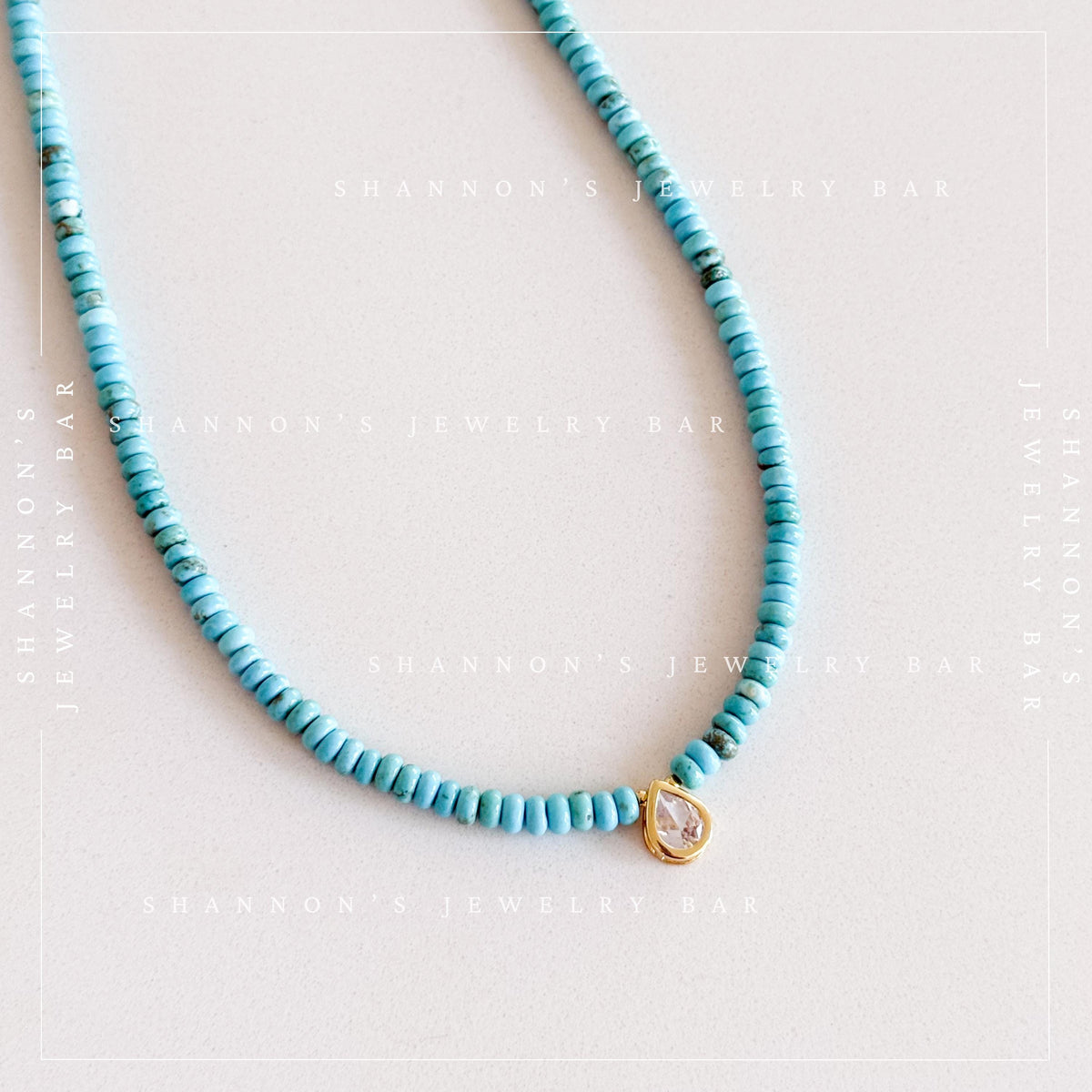 Turquoise Heishi Bead Necklace with CZ Pear Charm, Blue Stone Necklace, Gold Pendant Jewelry, 18 Inch Handmade