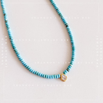 Turquoise Heishi Bead Necklace with CZ Pear Charm, Blue Stone Necklace, Gold Pendant Jewelry, 18 Inch Handmade